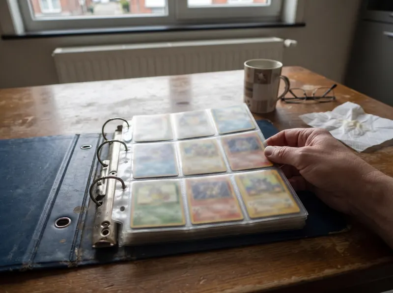 Open verzamelmap met oude Pokémon kaarten in plastic hoesjes op een houten keukentafel