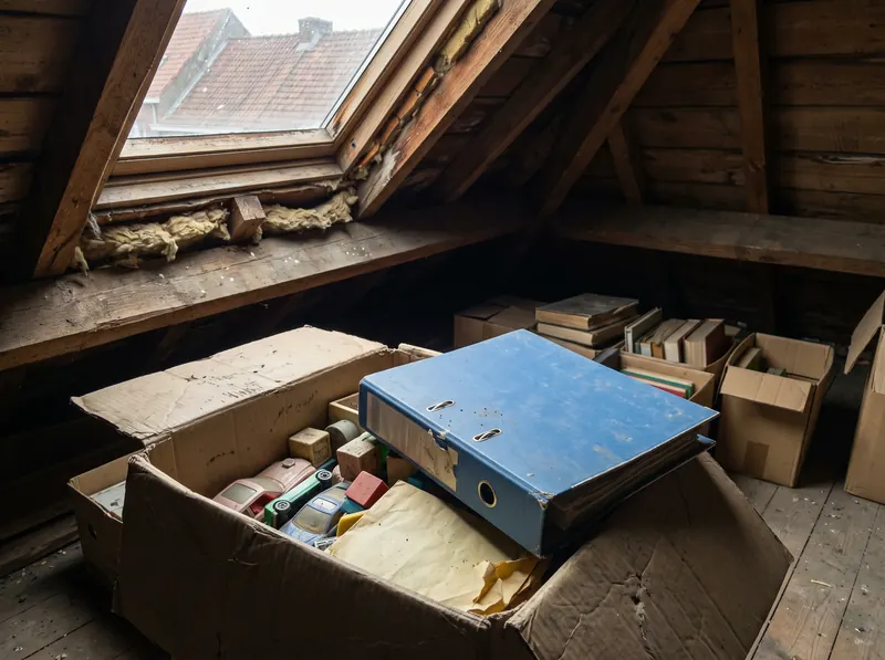 Oude verzamelmap met kaarten in een verhuisdoos op zolder